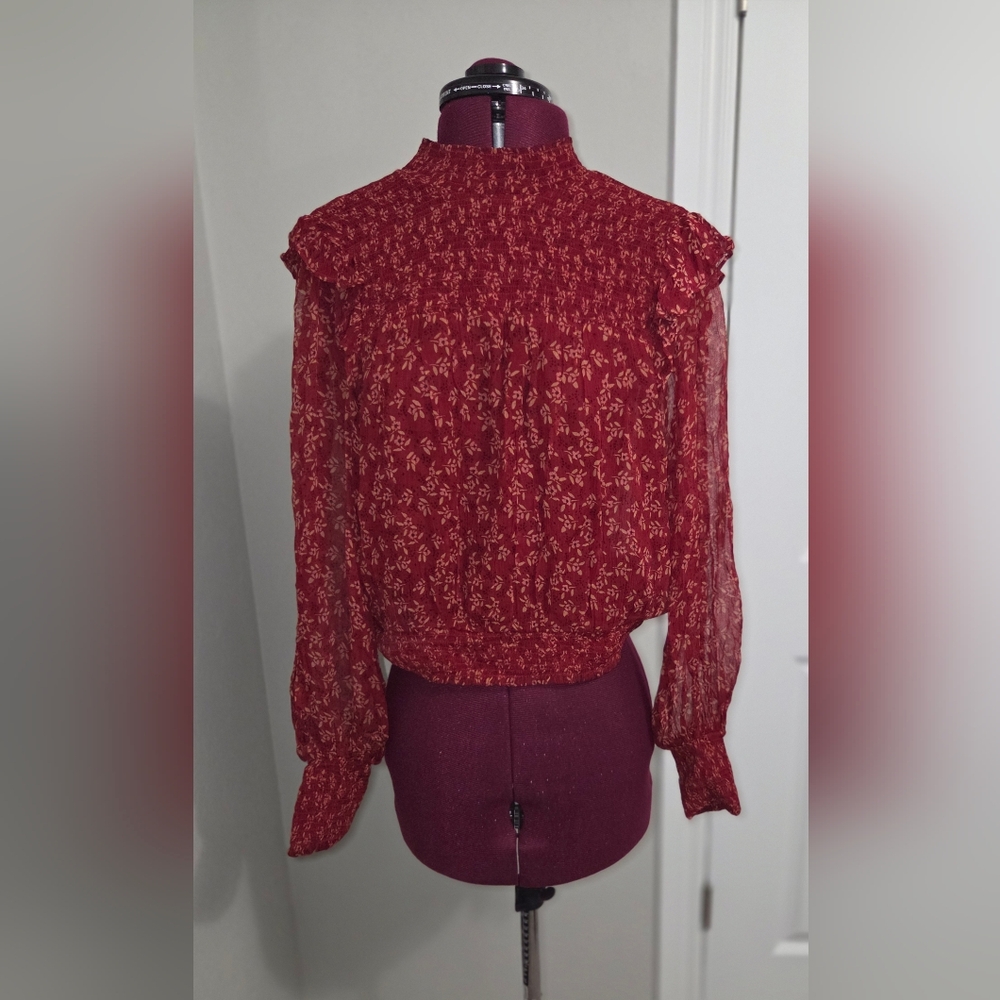 Free People Red Smocked Bib Collar Blouse